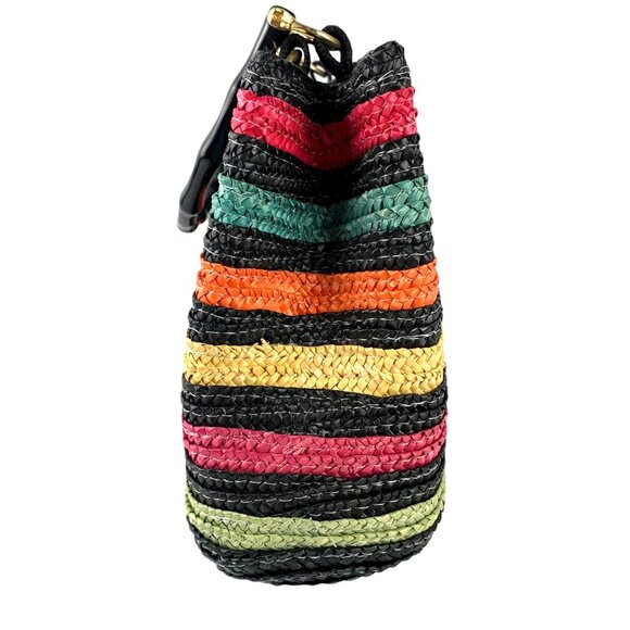 MAGID Multi Colored Striped Wheat Straw Double Wooden Handle Satchel - Picture 9 of 14